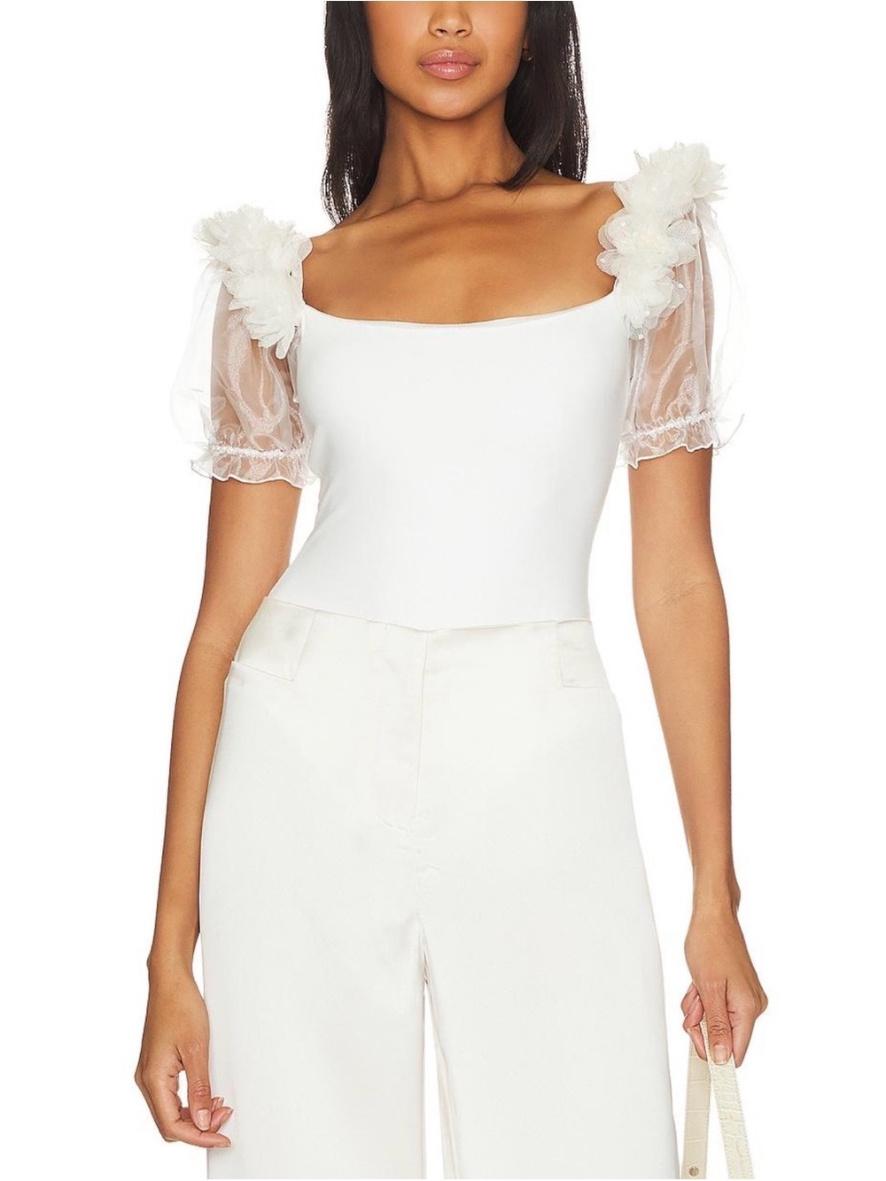 Free People Pretty Petals Ivory Organza Puff Sleeve Bodysuit NWT XS